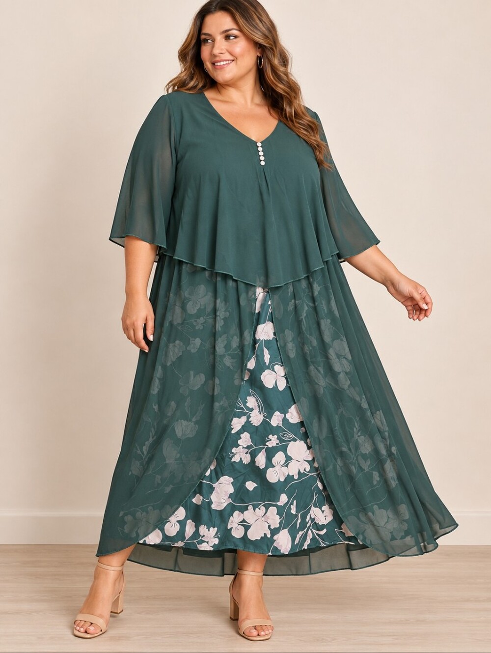 Floral Chiffon Layered Dress Midi 4XL Plus Green White New